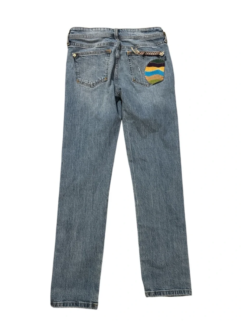 Pilcro Anthropologie Women’s Blue Patchwork Straight-Leg Boyfriend Jeans size 26 - Picture 11 of 14